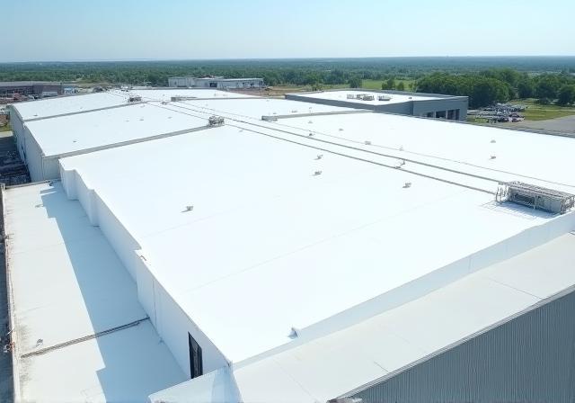 Large scale single-ply roofing on an industrial manufacturing plant