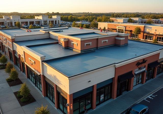 Aesthetic and robust modified bitumen roof for a busy shopping center