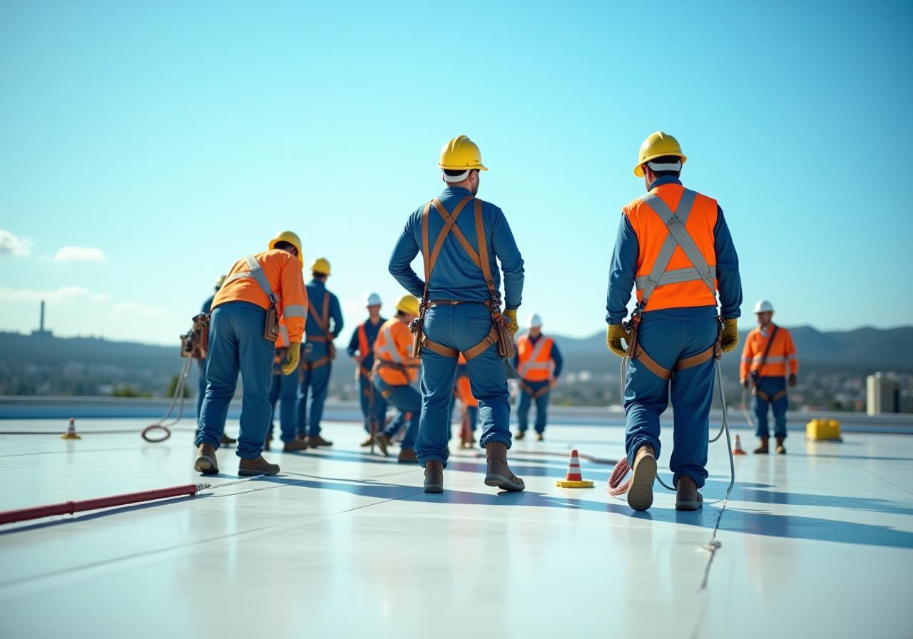 TeamCraft Roofing team members wearing safety gear on a commercial roof